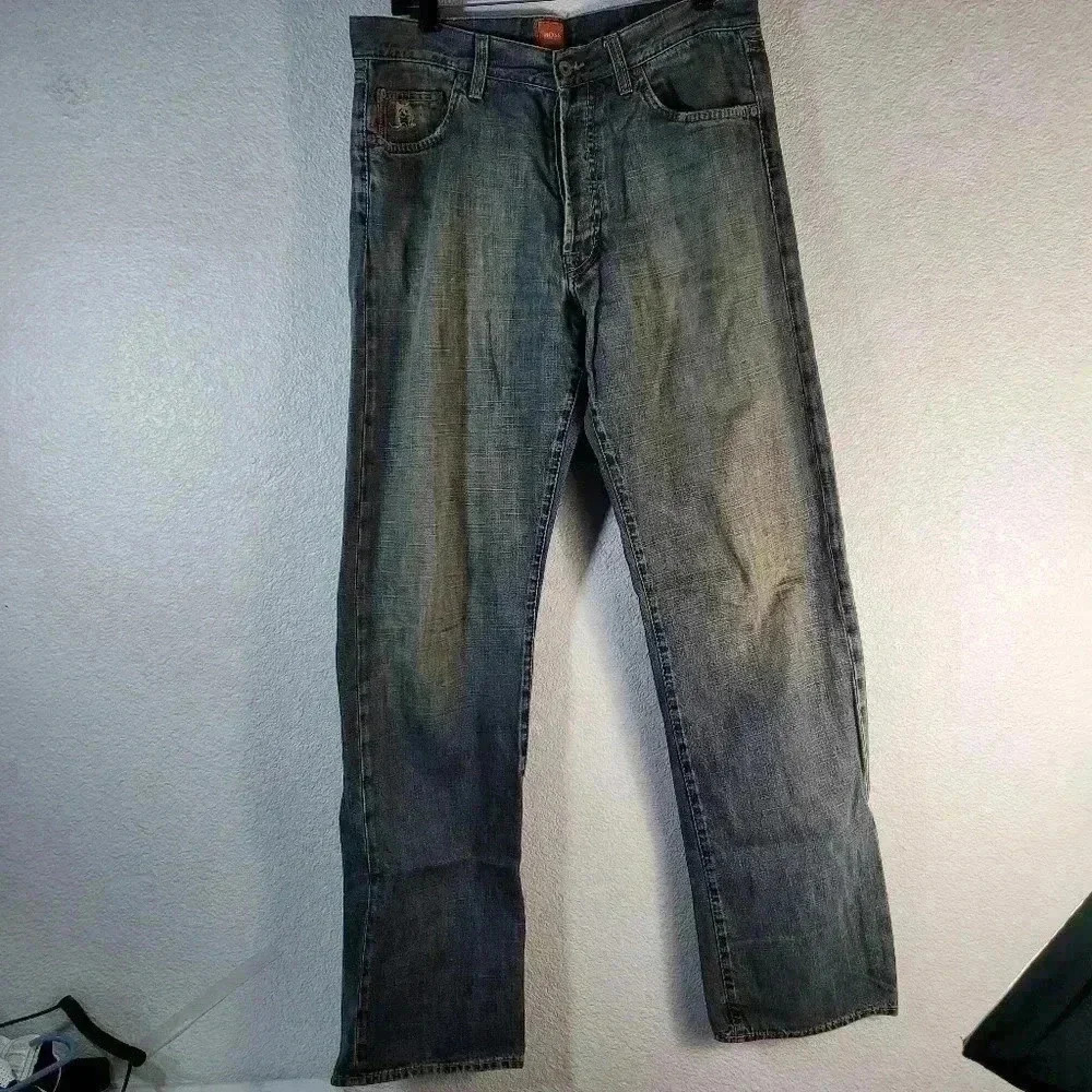 HUGO BOSS Men 34x34 Orange Label Jeans HB1 Button Fly Blue Denim Dark Wash